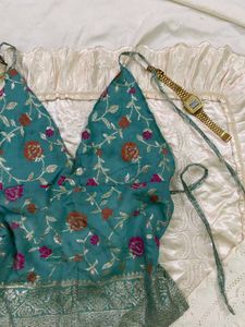 y2k Elegant Teal Floral Halter Top