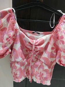 Pink Floral Puff Sleeve Ruched Top