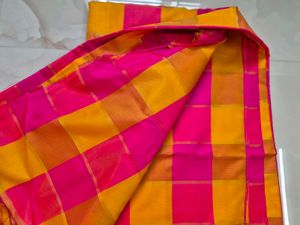 Vibrant Pink &amp; Yellow Checked Silk Saree