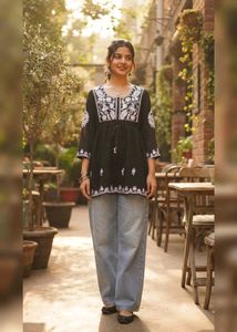 Black Georgette Embroidered Short Kurti (Size S)