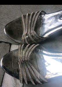 Silver Rhinestone Block Heel Sandals