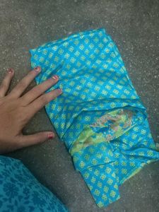 Beautiful Blue blouse material with Green Motifs