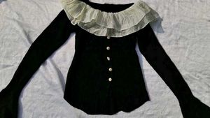 Elegant korean Ruffle Collar Knit Top