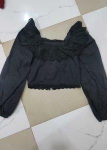 Black Off-Shoulder Lace Trim Crop Top