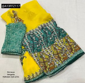 Yellow Georgette Saree with Madhubani Prints