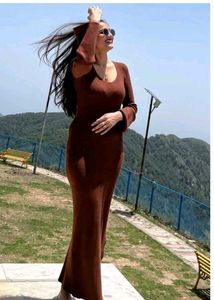 Branded Mocha Brown Ribbed Maxi Dress