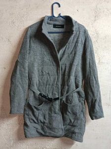Grey Belted Cardigan Sweater Long