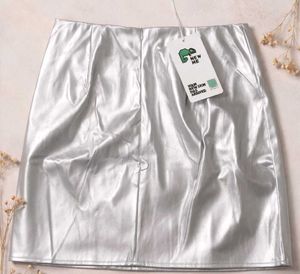 Metallic Silver Mini Skirt with Slit
