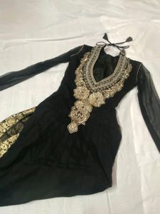 Elegant Black &amp; Gold Anarkali Dress