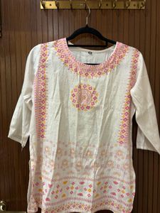 White Kurta with Pink & Yellow Print