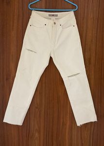 White Ripped Straight Leg Jeans
