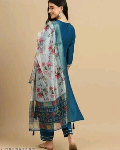 Teal Kurta Set with Floral Dupatta