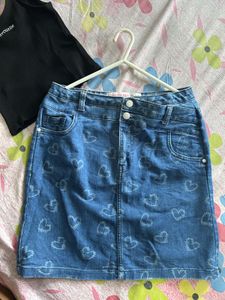 PRICE DROP!! Y2k Cute Heart Print Denim Skirt