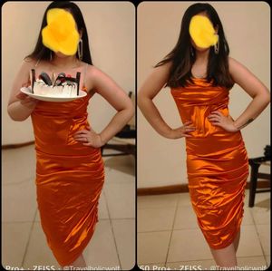 Orange Satin Slip Dress with Rhinestone Straps