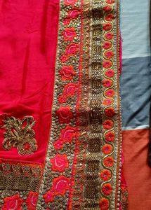 Beautiful Embroidered Red Saree with Orange Blouse