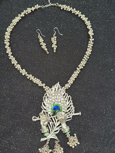 Krishna Flute Pendant Necklace &amp; Earrings Set