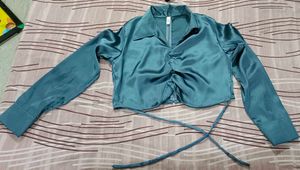 Satin Ruched Tie-Front Crop Shirt