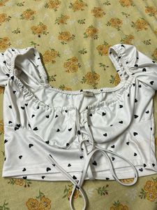 White Heart Print Puff Sleeve Top