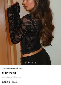 Black Lace Trimmed Long Sleeve Top