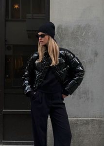 Black Puffer Jacket crop mettalic finish