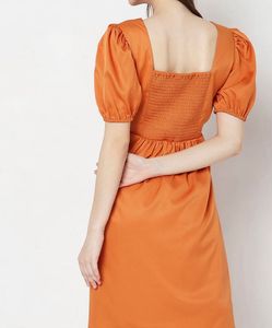 Orange Puff Sleeve V-Neck Dress
