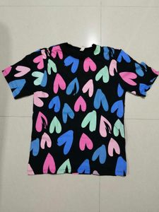 Cute Heart Print Black T-Shirt