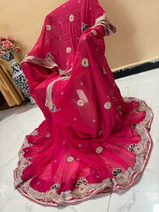 Stunning Pink pearl work Embroidered Saree