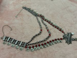 Oxidized Silver Necklace with Red Beads