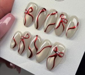 Elegant White &amp; Red Bow Press-On Nails