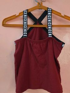 Stylish Maroon Cross Neck Halter Top