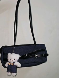 Denim Shoulder Bag with Teddy Charm