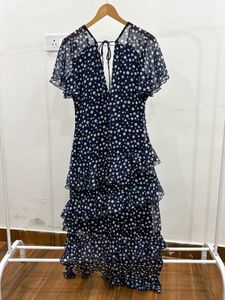 Navy Blue Polka Dot Ruffle detailing Maxi Dress