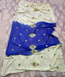 Elegant Cream Kurta Set with Blue Dupatta