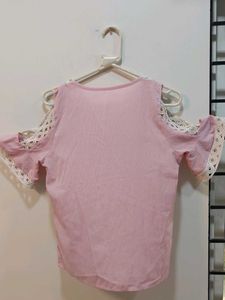 Pink Cold Shoulder Lace Trim Top