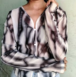 Abstract Print Button-Up Mesh Top
