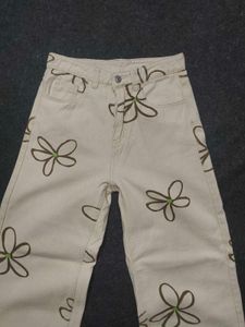 SHEIN Y2K Floral Outline Wide Leg Jeans (Beige)