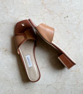 Tan Heeled Slider Sandals