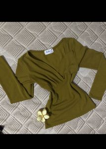 Olive Green Ribbed Wrap Top