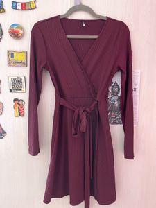 Maroon Ribbed Wrap Dress