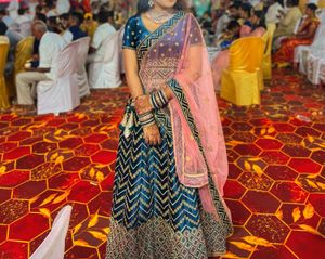 Elegant Blue Lehenga Choli Set With Daimond Latkan