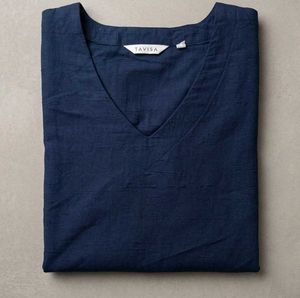 Navy Blue V-Neck Long Sleeve Kurta