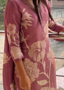 Purple Floral Kurta with Embellished Neckline