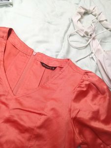 Coral Puff Sleeve Satin Top