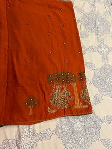 Vibrant Cotton 🍊Saree with Krishna Motif