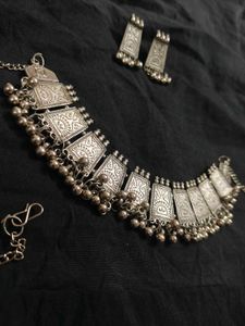 Oxidized Silver Choker Necklace &amp; Earrings Set