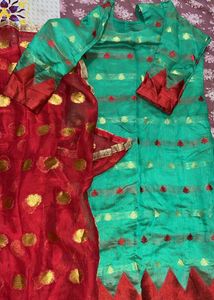 Beautiful Green Kurta Set with Red Dupatta