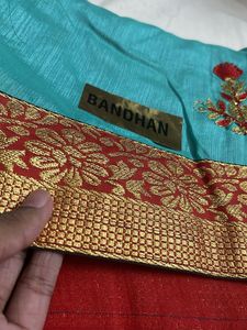 Beautiful Blue Saree with Red Border
