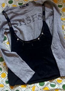 Grey Long Sleeve Top with Black Embellished Camiso