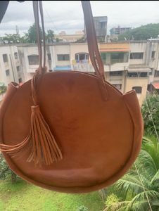 Tan Leather Round Sling Bag