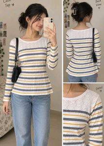 Striped Long Sleeve Top with Lace Detail